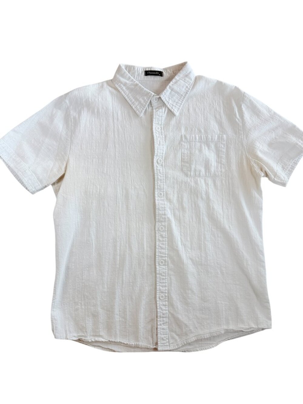 Oyamiki Mens White Short Sleeve Button Down Shirt Cotton Crinkle Linen Look Med